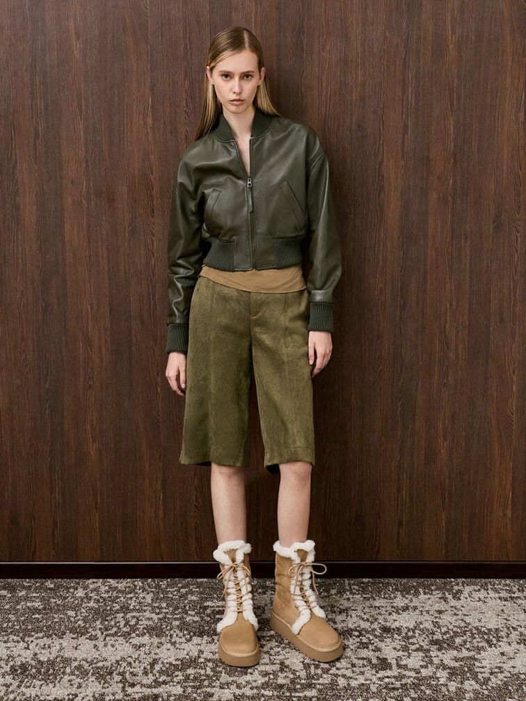 รองเท้าบูทแฟลตฟอร์มวัสดุหนังกลับสังเคราะห์ดีไซน์แบบพับขอบตกแต่งขนเฟอร์เทียม, สีแซนด์ รองเท้าบูทแฟลตฟอร์มวัสดุหนังกลับสังเคราะห์ดีไซน์แบบพับขอบตกแต่งขนเฟอร์เทียม, สีแซนด์, hi-res