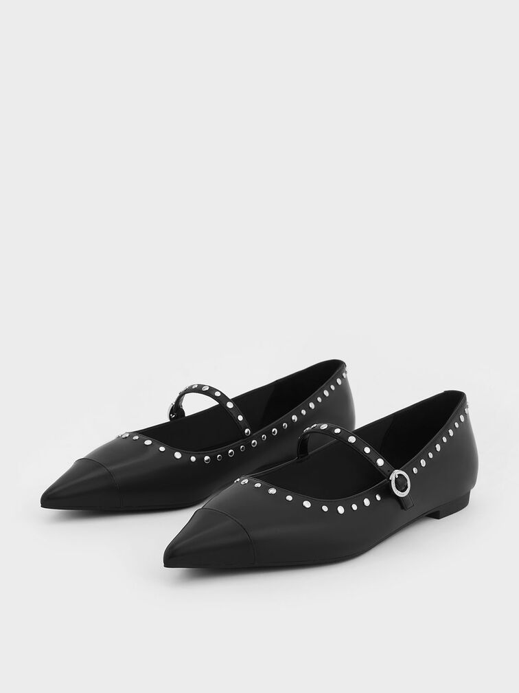 Studded Pointed-Toe Mary Jane Flats, สีดำ, hi-res