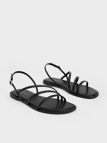 Asymmetric Triple-Strap Sandals, Black, hi-res