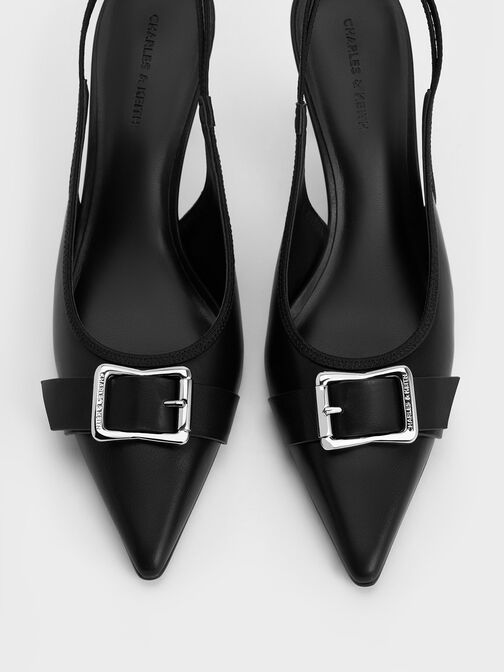 รองเท้าส้นสูงแบบรัดส้นดีไซน์หัวรองเท้าแบบแหลมตกแต่งด้วยหัวเข็มขัด, สีดำ, hi-res