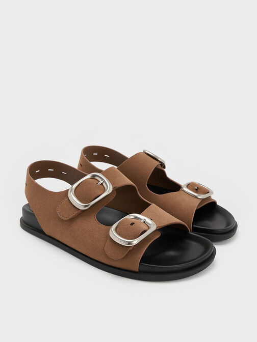 Suede Buckled Double-Strap Slingback Sandals, Brown, hi-res
