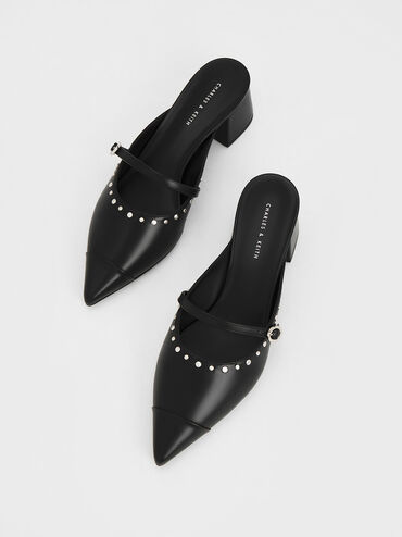 Studded Pointed-Toe Block Heel Mules, , hi-res