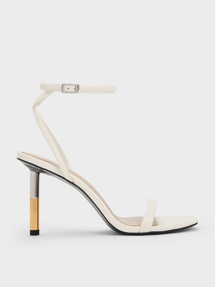 Cylindrical Metallic Heel Sandals, White, hi-res