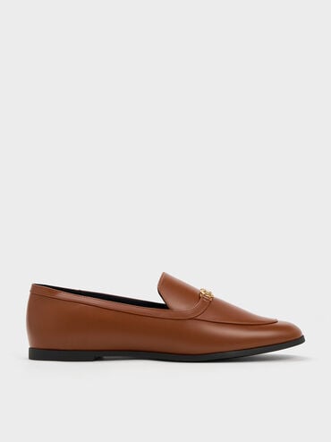 Metallic Accent Round-Toe Loafers, Brown, hi-res