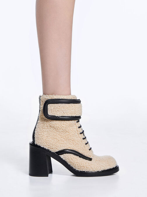Rosalie Furry Leather Ankle Boots, สีเบจ, hi-res