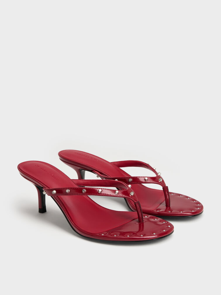รองเท้าแตะหนีบส้นสูงประดับหมุดรุ่น Briella, สีแดง, hi-res