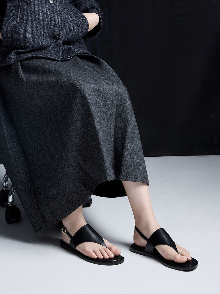 V-Strap Slingback Thong Sandals, Black, hi-res