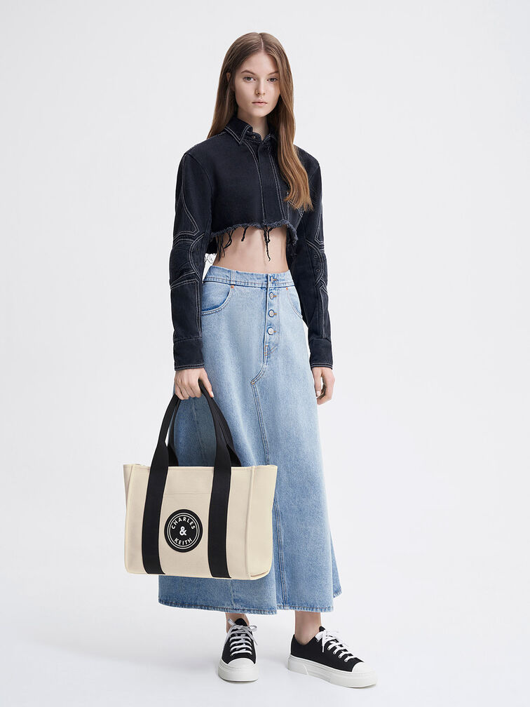 Large Kay Canvas Contrast-Trim Tote Bag, สีมัลติ, hi-res