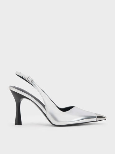 Metallic Cap Pointed-Toe Slingback Pumps, สีเงิน, hi-res
