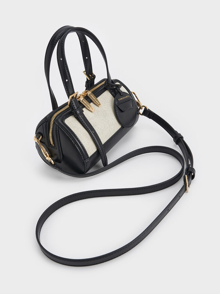 กระเป๋าโบว์ลิ่งผ้าแคนวาสสีทูโทนรุ่น Enola, สีดำ, hi-res