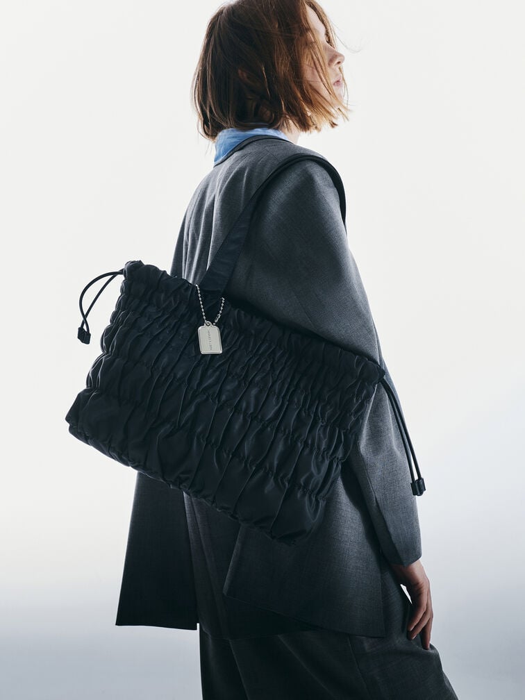 Klio Nylon Ruched Tote Bag, Noir, hi-res
