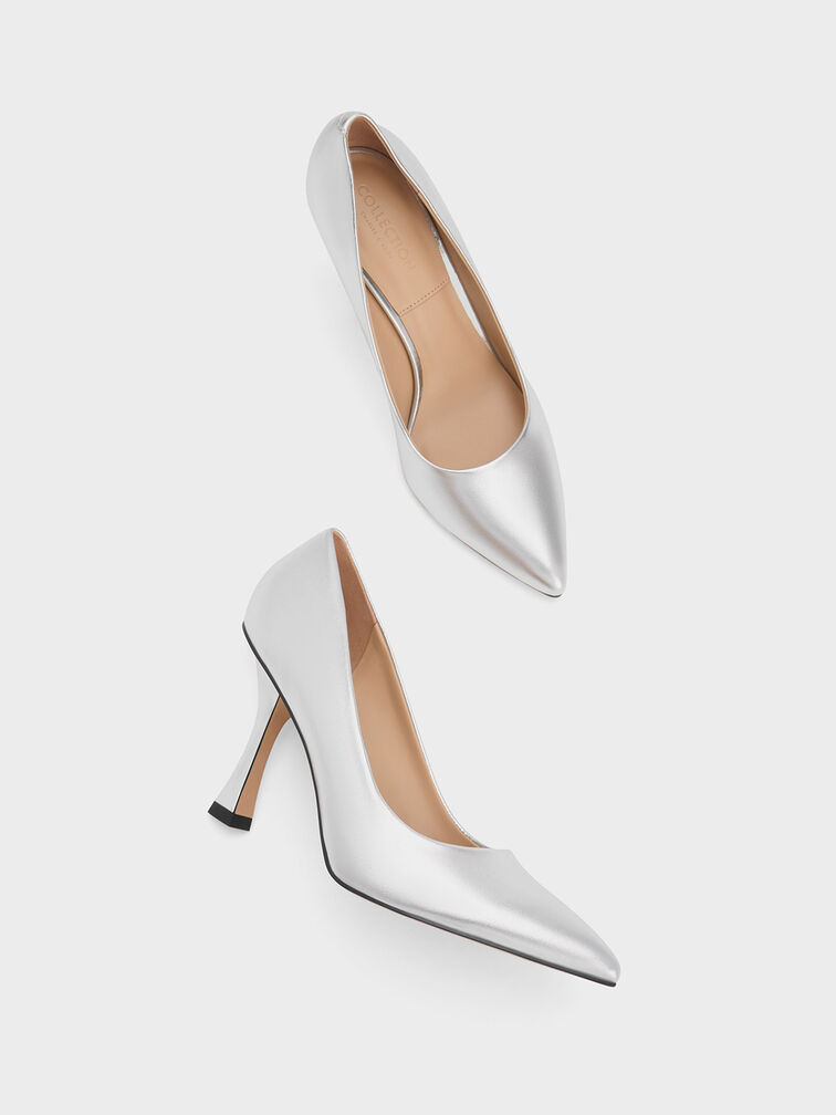 Metallic Leather Flare Heel Pumps, สีเงิน, hi-res