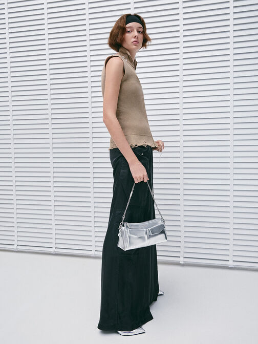 Rachel Elongated Front-Pocket Chain-Handle Bag, Silver, hi-res