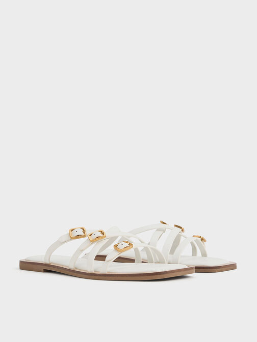 Strappy Buckled Slide Sandals, White, hi-res