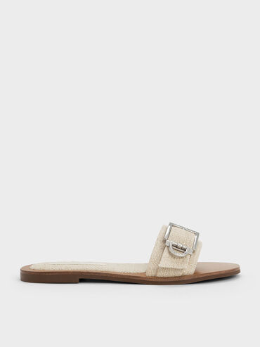 Linen Metallic Buckle Slides, Beige, hi-res