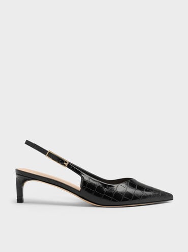 Luciana Croc-Effect Kitten-Heel Slingback Pumps, Animal Print Black, hi-res