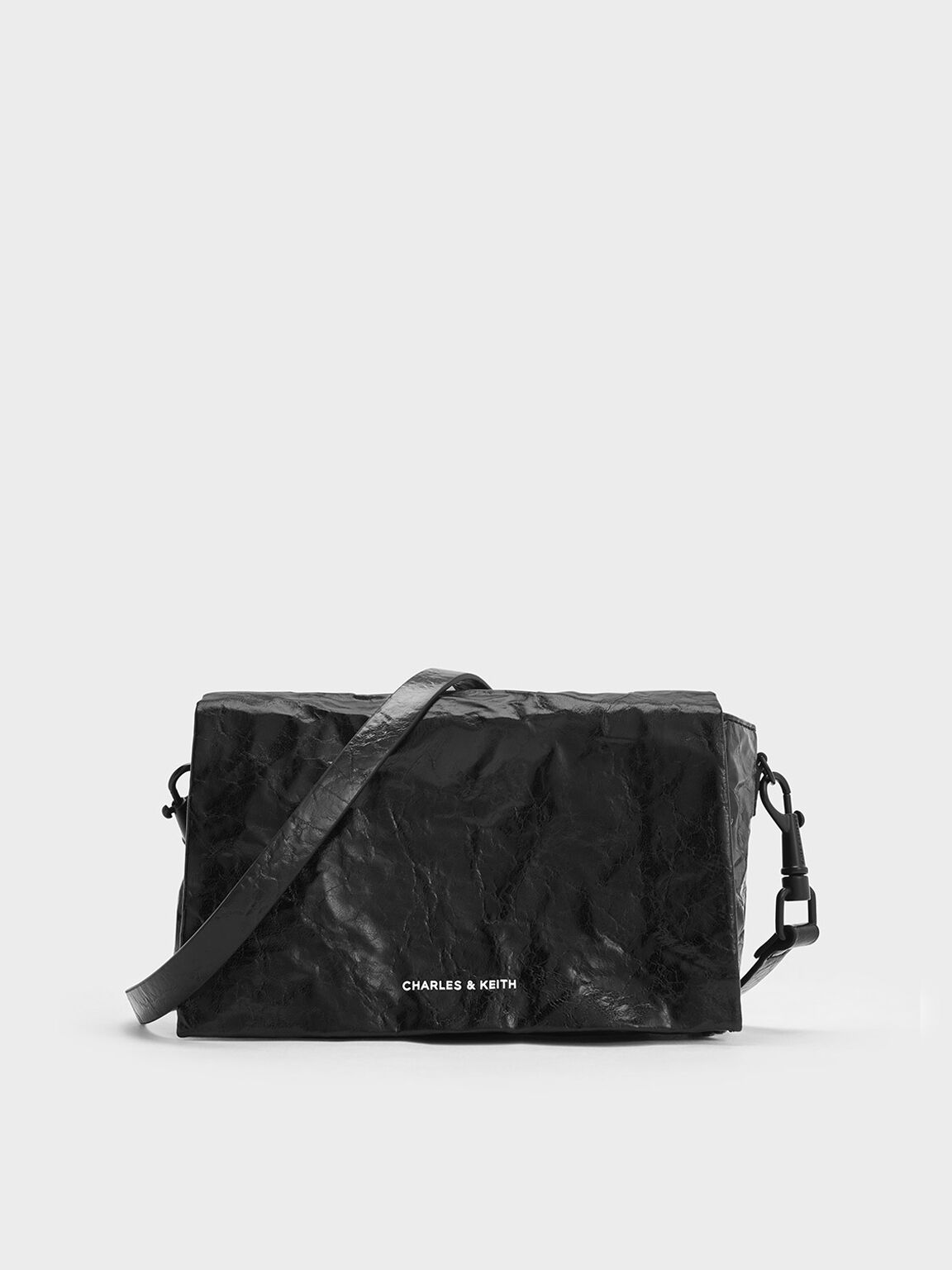 Jet Black Matina Crinkle Effect Crossbody Bag CHARLES KEITH TH
