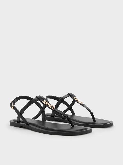Metallic-Accent Thong Sandals, Black, hi-res