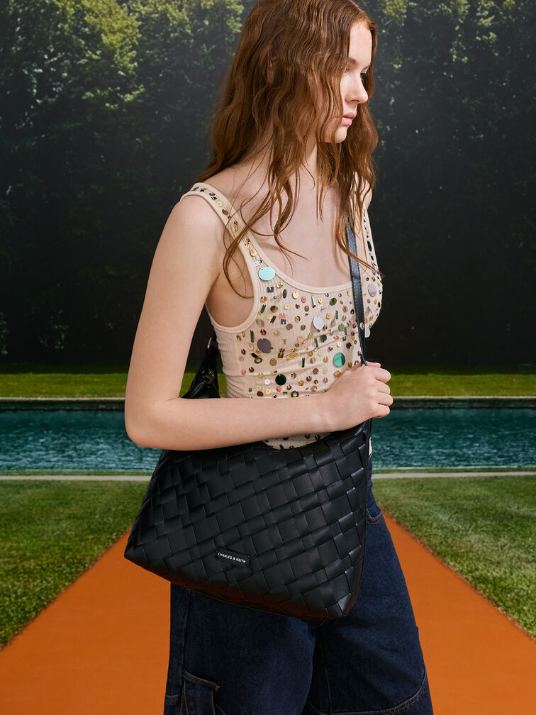 Ivette Woven Tassel Hobo Bag, Noir, hi-res