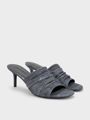 รองเท้าส้นสูงแบบเปิดส้นดีเทลจับจีบวัสดุผ้าทวิลล์, สีดาร์คบลู, hi-res