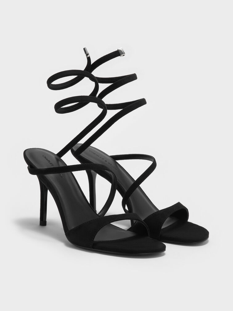 Emila Faux Suede Wraparound Heeled Sandals, Black Textured, hi-res
