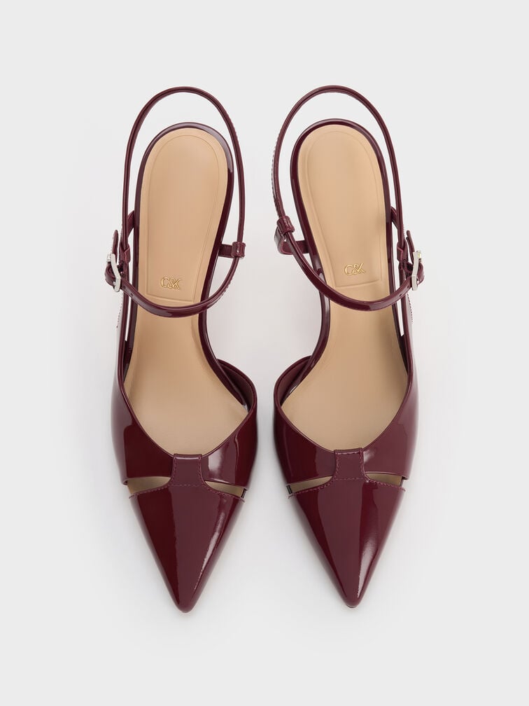 Patent Leather Cut-Out Pointed-Toe Blade-Heel Pumps, Burgundy, hi-res