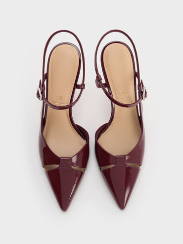 Patent Leather Cut-Out Pointed-Toe Blade-Heel Pumps, Burgundy, hi-res