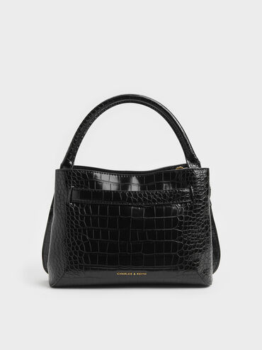 Victoria Croc-Effect Belted Top Handle Bag, Black Croco, hi-res