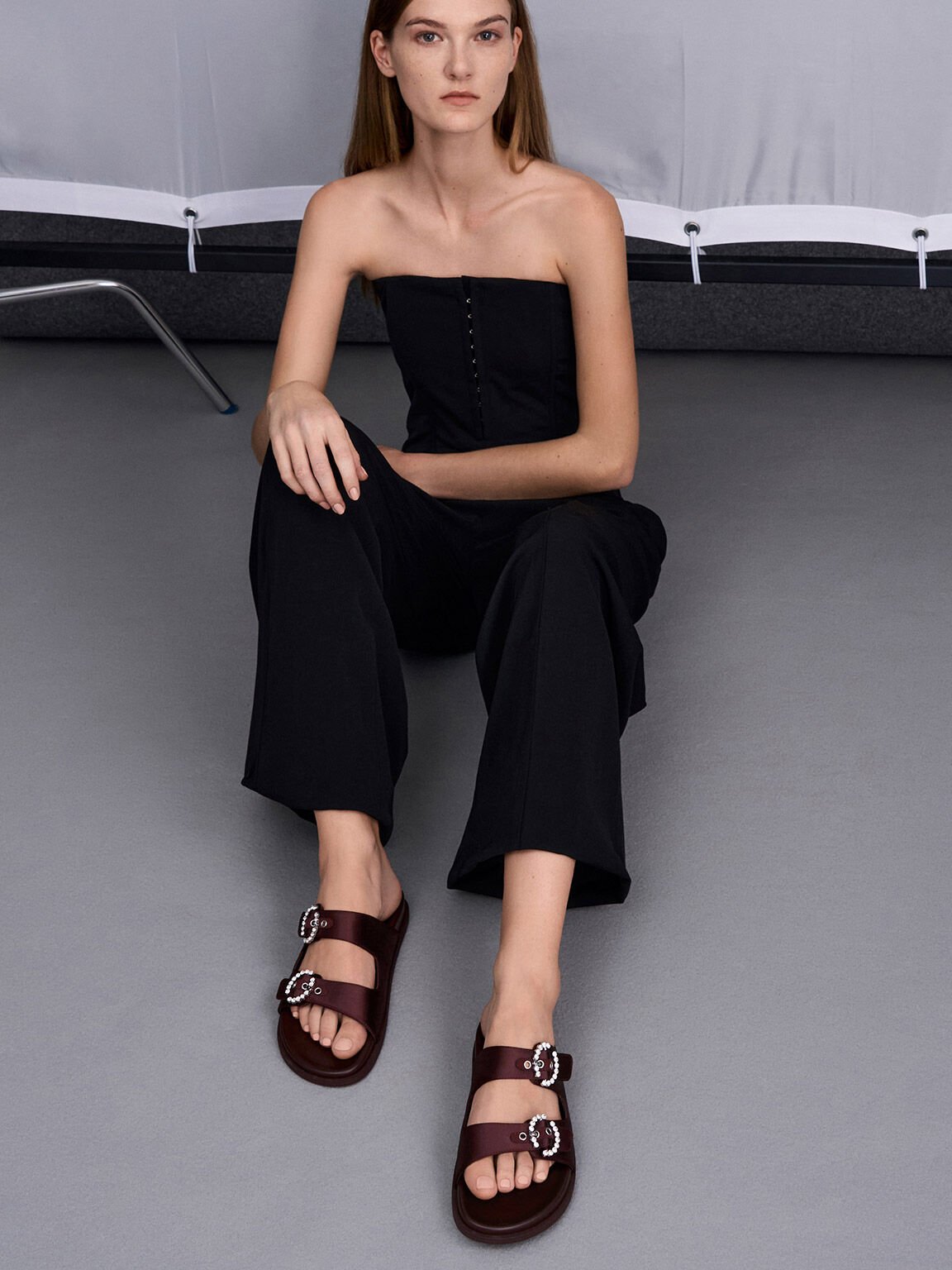 Burgundy Recycled Polyester Embellished Buckle Sandals CHARLES KEITH TH