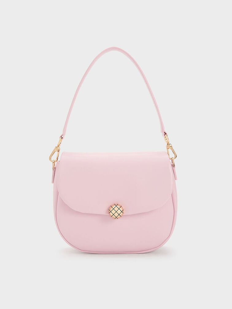 Quilted Ball Curved Crossbody Bag, สีชมพู, hi-res