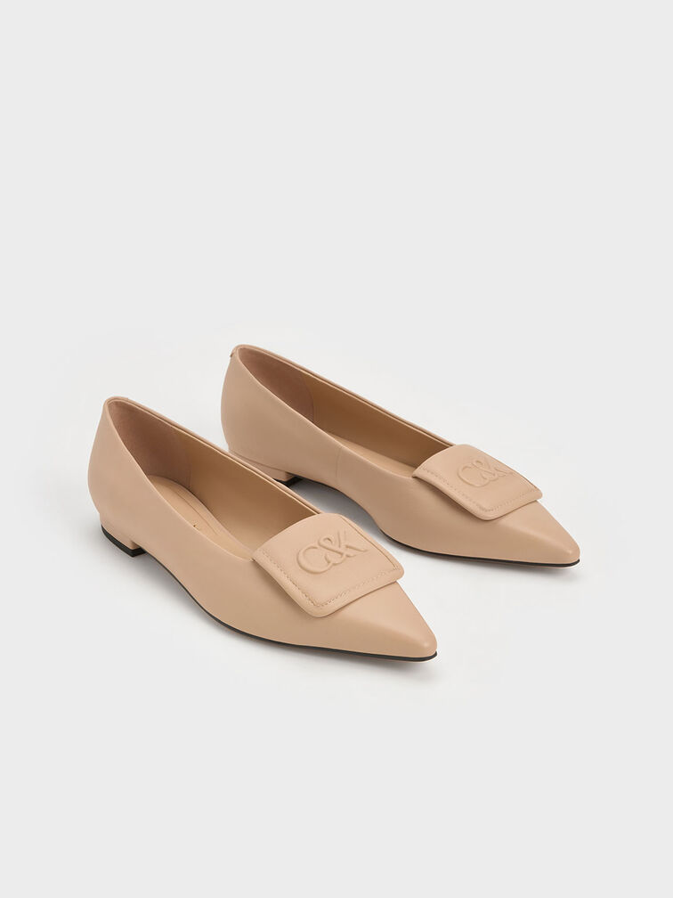 Leather Pointed-Toe Flats, Nude, hi-res