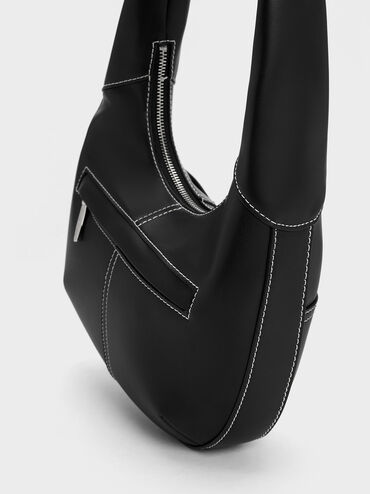 Anthea Contrast-Trim Curved Hobo Bag, สีดำ, hi-res