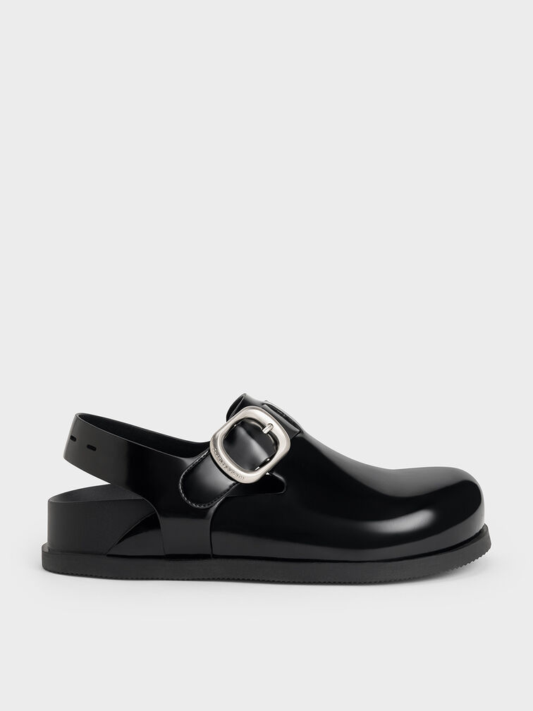 Buckled Slingback Mules, Black Boxed, hi-res