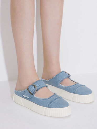 Denim Buckled Slip-On Sneakers, สีฟ้าอ่อน, hi-res