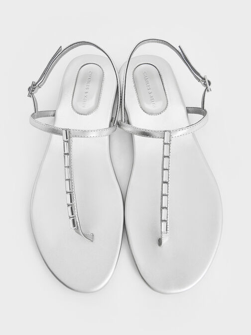 Metallic Crystal-Embellished Thong Slingback Sandals, Silver, hi-res