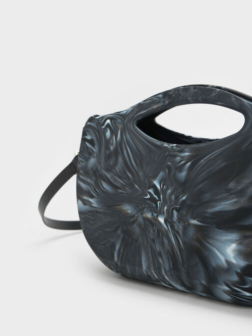 Cocoon Curved Handle Printed Bag, สีดำ, hi-res