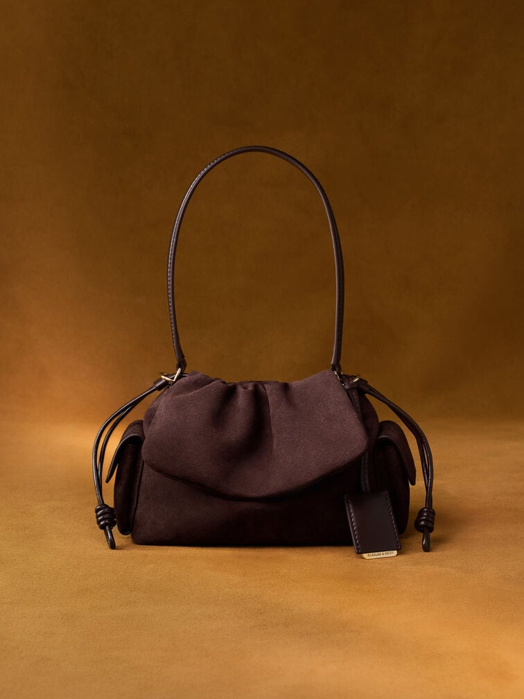 Khai Recycled Suede Ruched-Flap Side-Pocket Top Handle Bag, Espresso Brown, hi-res