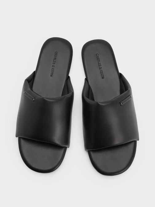 Puffy Wide-Strap Slide Sandals, Black, hi-res