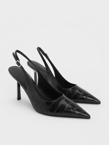 Croc-Effect Pointed-Toe Slingback Pumps, Animal Print Black, hi-res