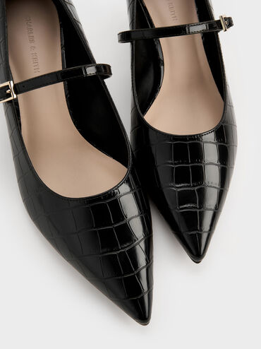 รองเท้าปิดส้นทรงแมรี่เจนเอฟเฟกต์ลายจระเข้รุ่น Luciana, สีดำลายพิมพ์สัตว์, hi-res