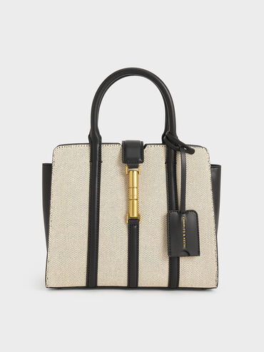 Cesia Canvas Metallic Accent Tote Bag, Black, hi-res