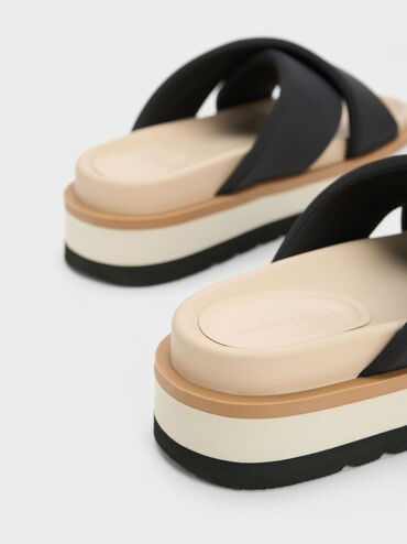 Crossover Platform Slide Sandals, Black, hi-res
