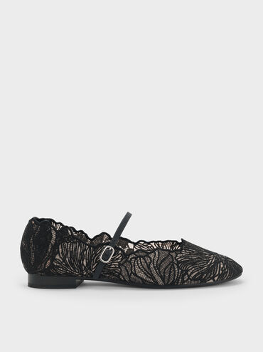 Crochet Floral Mary Jane Flats, Black Textured, hi-res