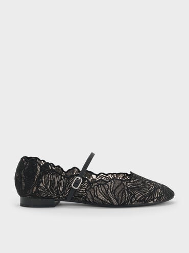 Crochet Floral Mary Jane Flats, Black Textured, hi-res