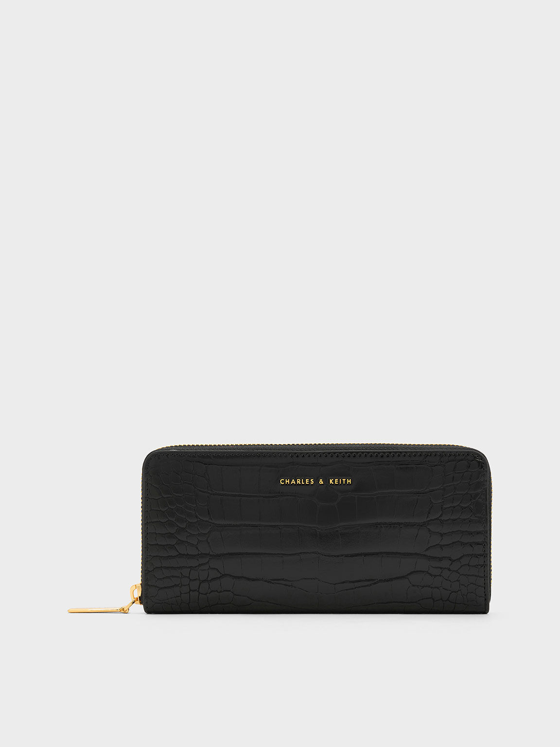 Black Dulcie Croc Effect Zip Around Long Wallet CHARLES KEITH TH