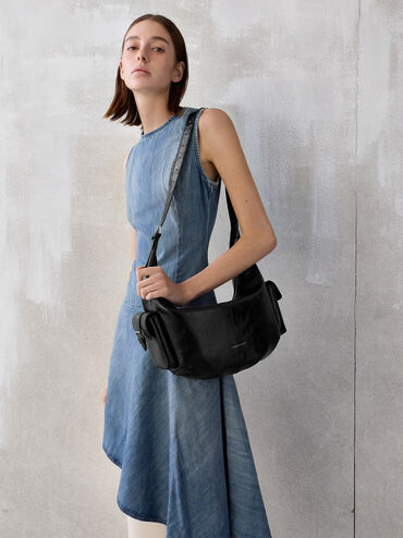 กระเป๋าโฮโบขนาดใหญ่ดีเทลกระเป๋าข้างรุ่น Bessie, สีดำอะไหล่สีเงิน, hi-res