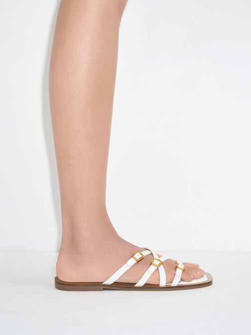 Strappy Buckled Slide Sandals, White, hi-res