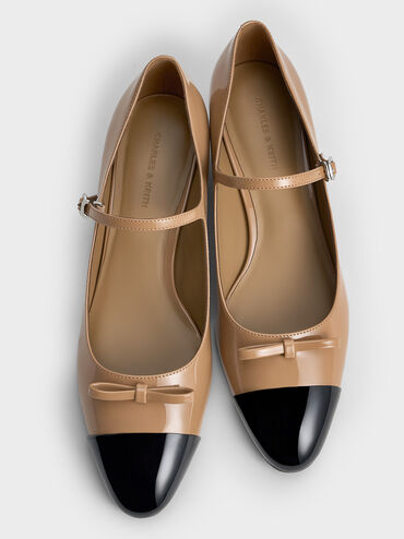 Patent Bow Cap-Toe Mary Jane Pumps, Caramel, hi-res