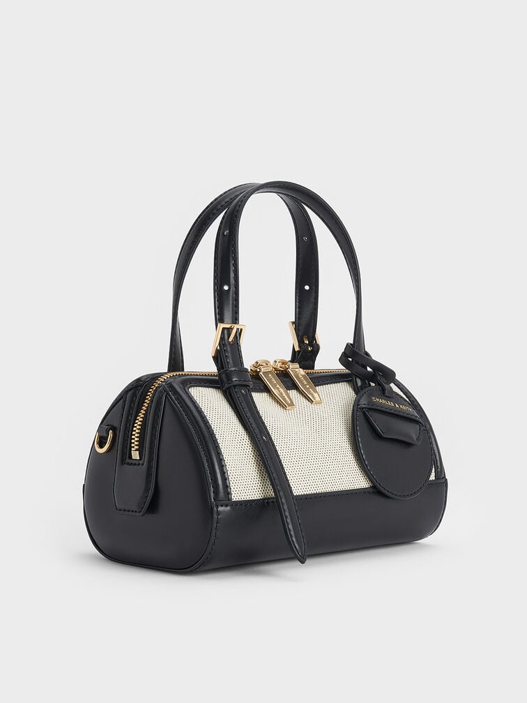 กระเป๋าโบว์ลิ่งผ้าแคนวาสสีทูโทนรุ่น Enola, สีดำ, hi-res