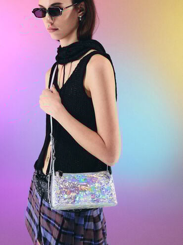 กระเป๋าสะพายไหล่โฮโลกราฟิกลายย่นรุ่น Lark, สีปริซึมซิลเวอร์, hi-res